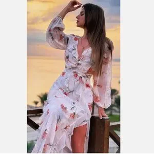 Zara | Dresses | Zara Floral Cutout Ruffle Dress Cream